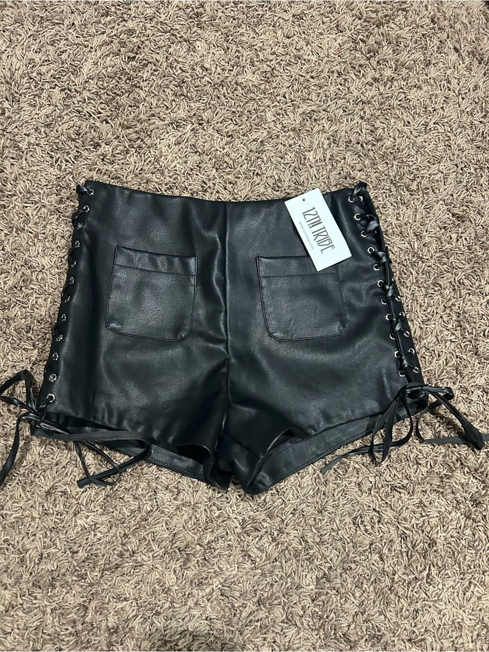 12th tribe Faux Leather Black Lace-Up Women's Shorts -